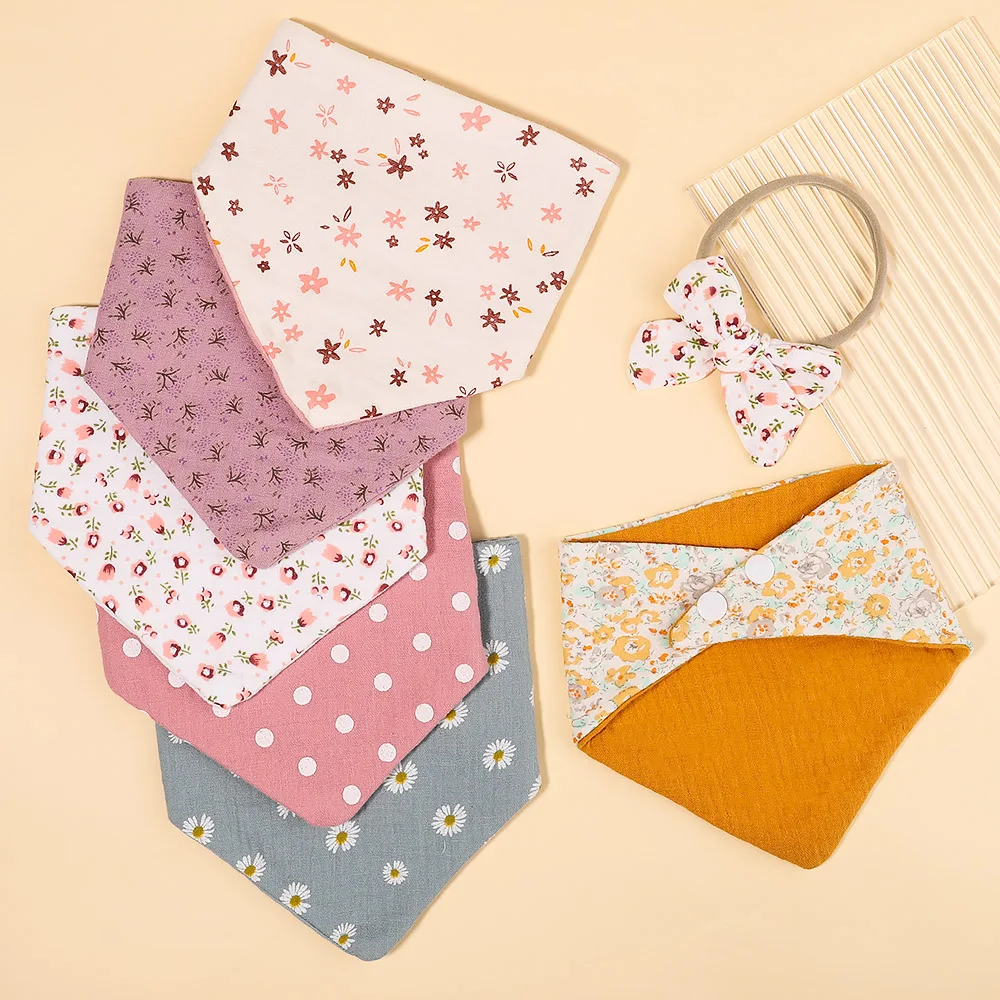 3Pcs/Set Muslin Cotton Baby Bib Newborn Bows Headband Triangle Print Saliva Towel Infant Boy Girl Feeding Burp Cloth Shower Gift