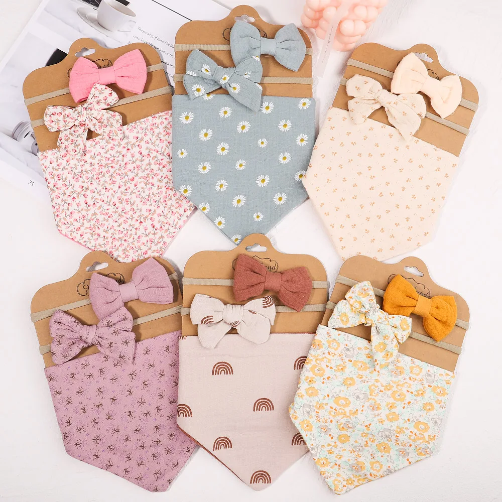 3Pcs/Set Muslin Cotton Baby Bib Newborn Bows Headband Triangle Print Saliva Towel Infant Boy Girl Feeding Burp Cloth Shower Gift