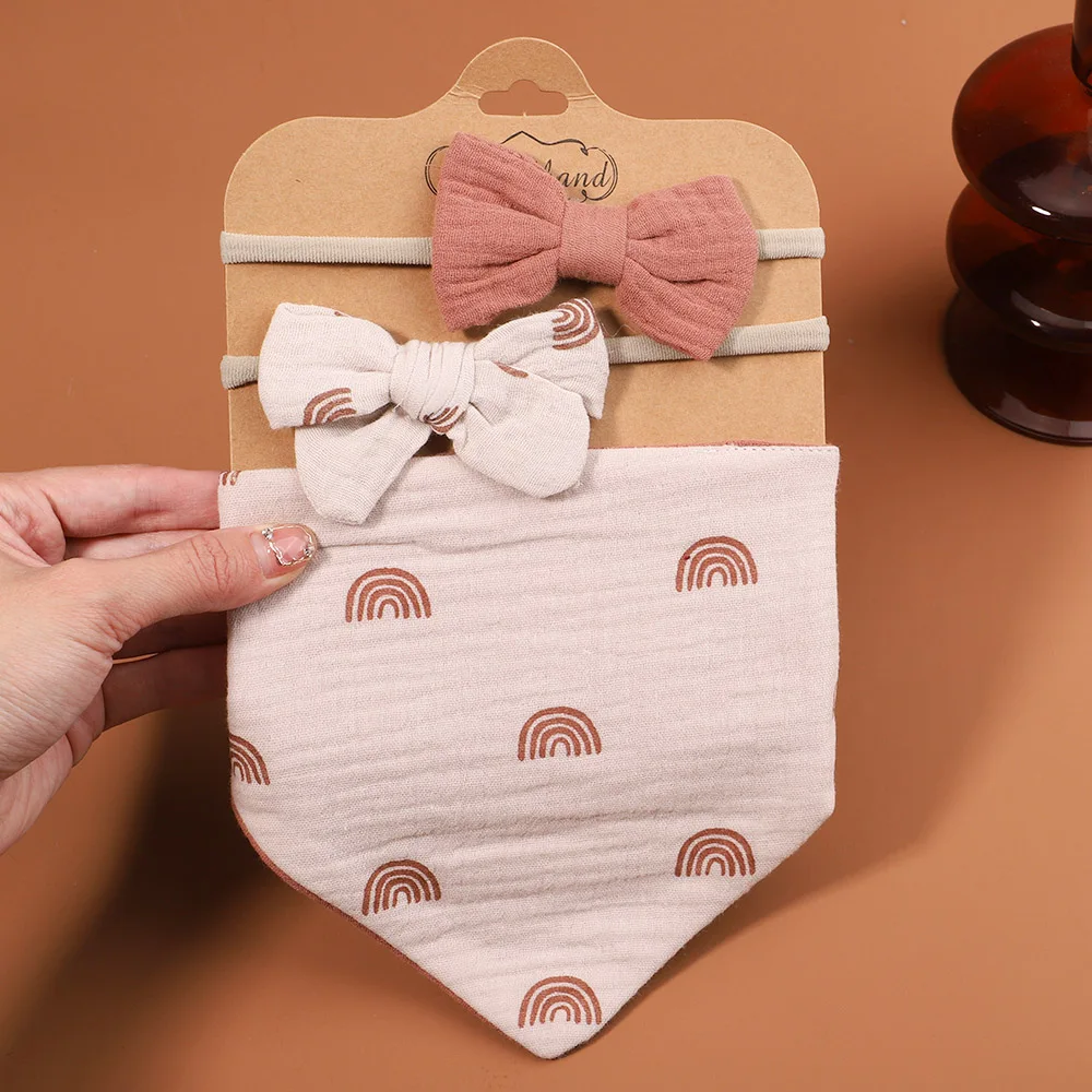3Pcs/Set Muslin Cotton Baby Bib Newborn Bows Headband Triangle Print Saliva Towel Infant Boy Girl Feeding Burp Cloth Shower Gift