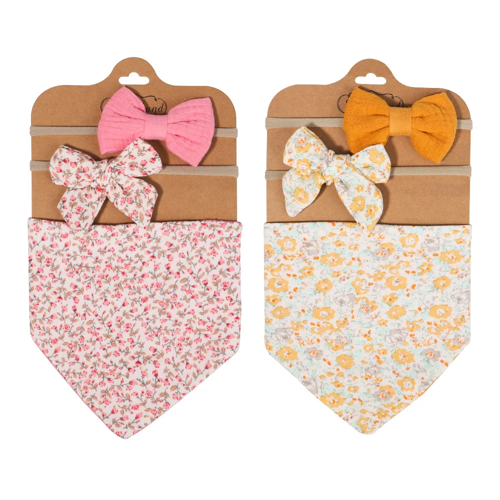 3Pcs/Set Muslin Cotton Baby Bib Newborn Bows Headband Triangle Print Saliva Towel Infant Boy Girl Feeding Burp Cloth Shower Gift