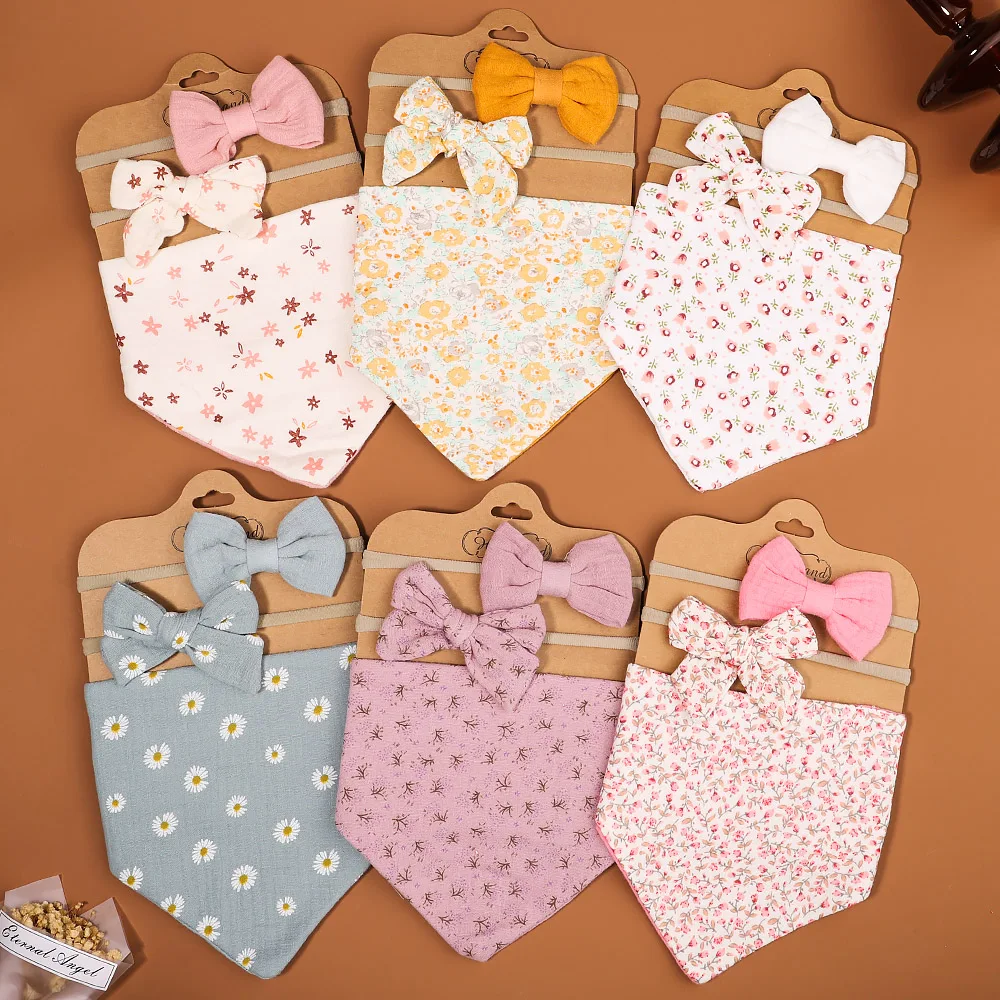 3Pcs/Set Muslin Cotton Baby Bib Newborn Bows Headband Triangle Print Saliva Towel Infant Boy Girl Feeding Burp Cloth Shower Gift