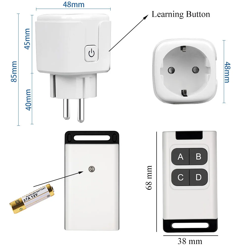 220V Wireless Remote Control Socket Switch EU FR Plug-in Electrical Socket Programmable Outlet Switch for Light,Smart Home 15A