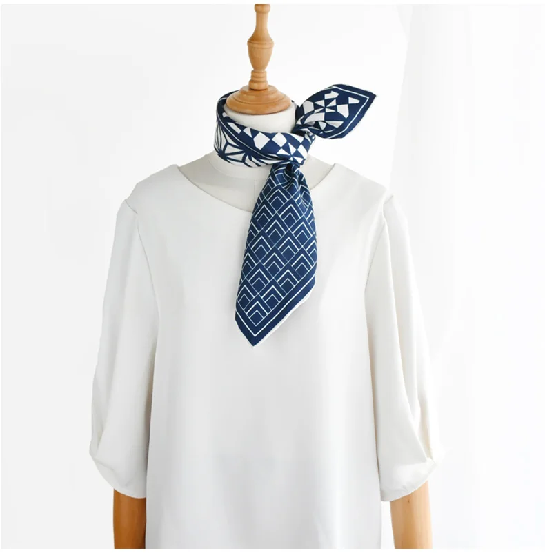 Blue plaid 100% natural silk scarves women real silk twill small square 50cm neck scarf thin hijab woman ladies spring summer