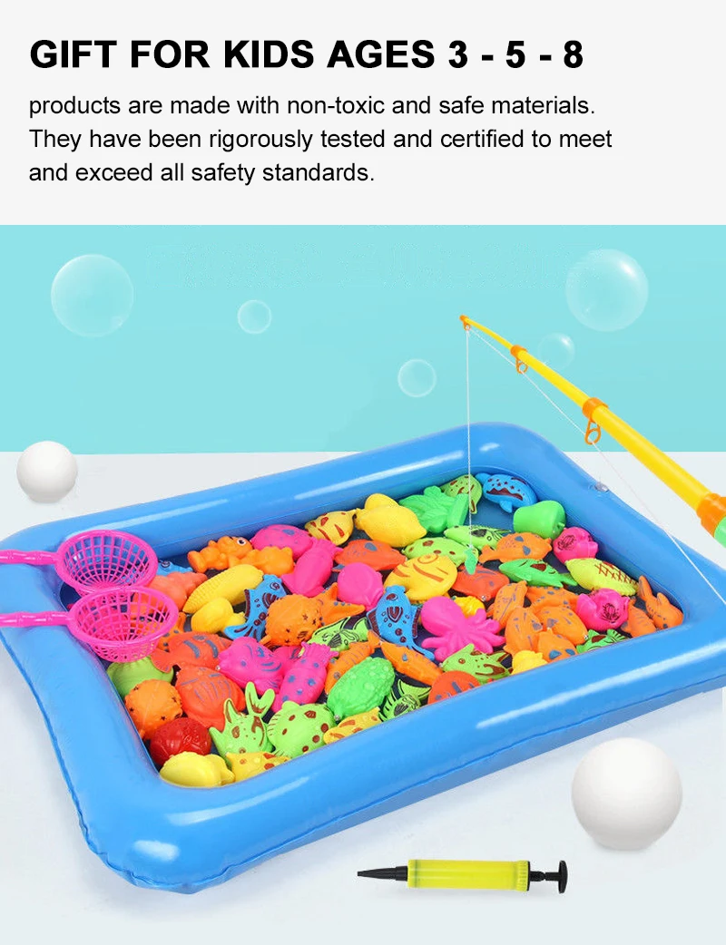 Kids Fishing Toy Set Play Water Toys for Baby Magnetic Rod and Fish with Inflatable Pool Outdoor Sport Toys for Children