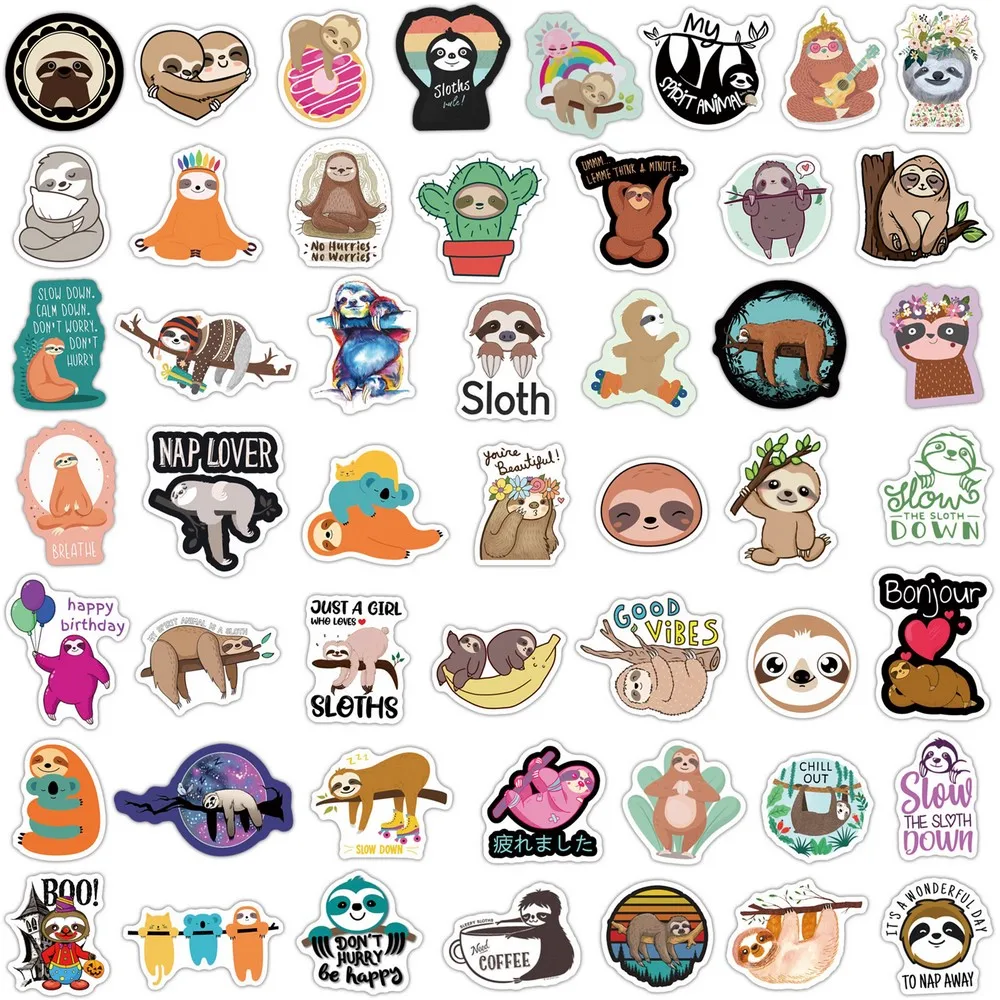 50/100pcs Cute Sloth Stickers Laptop Phone Fridge Guitar Notebook Skateboard Cartoon Graffiti Animal Sticker Decal for Kids Gift