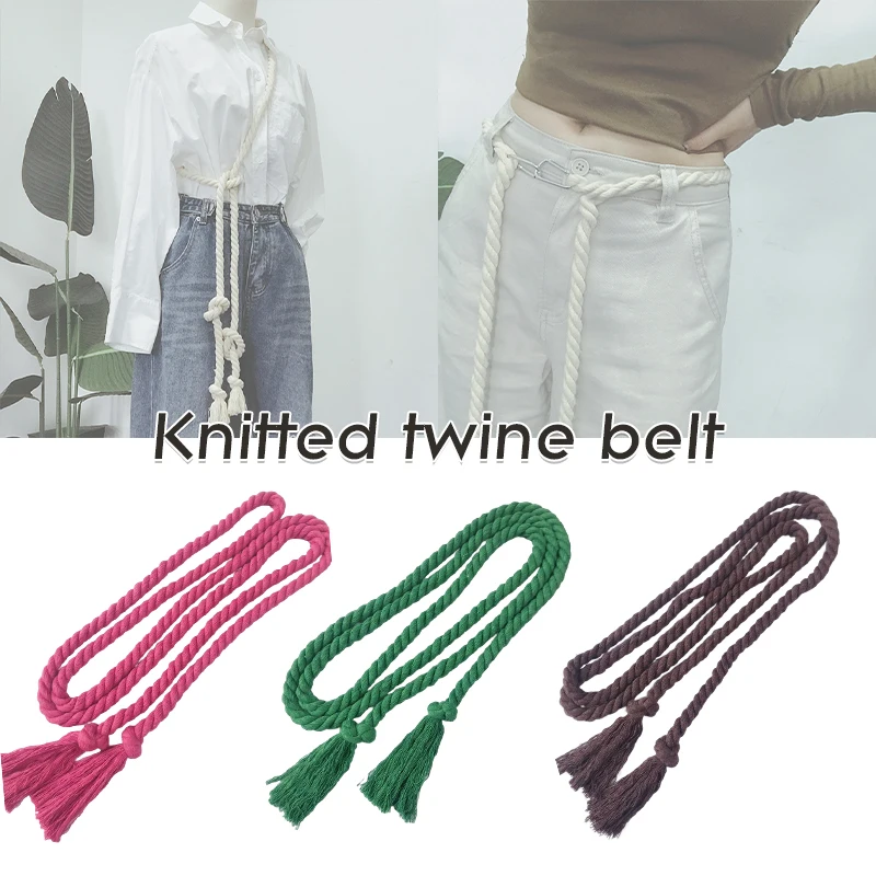 Unisex Hemp Rope Belt Tassel Waistband Vintage Braided Belt For Women Dresses Decor Waist Chain All-match Thin Waist Rope