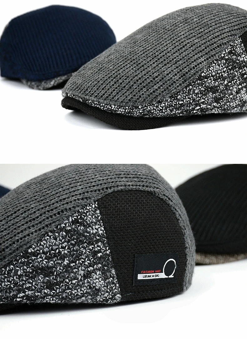 Men Newsboy Hats Thick Autumn Winter Vintage Herringbone Octagon Cap Casual knitted Berets Gatsby Flat Hat Color Matching Cap