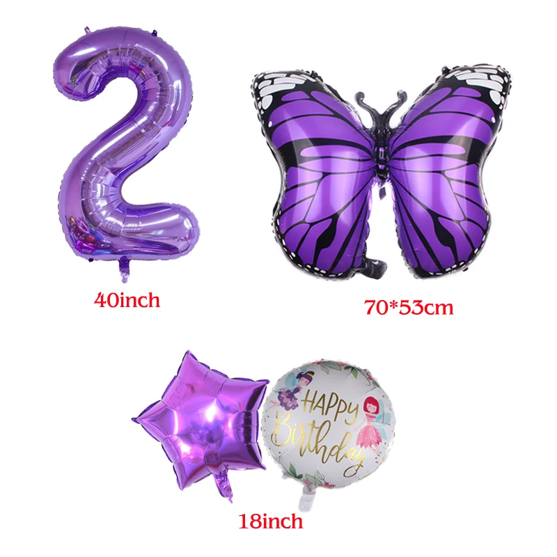 6pcs Purple Butterfly Foil Balloons Set 40inch Purple Number Helium Balloon Birthday Party Decorations Kids Baby Showers Girl
