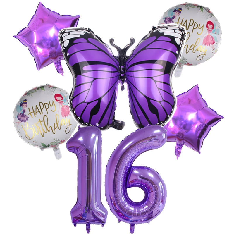 6pcs Purple Butterfly Foil Balloons Set 40inch Purple Number Helium Balloon Birthday Party Decorations Kids Baby Showers Girl