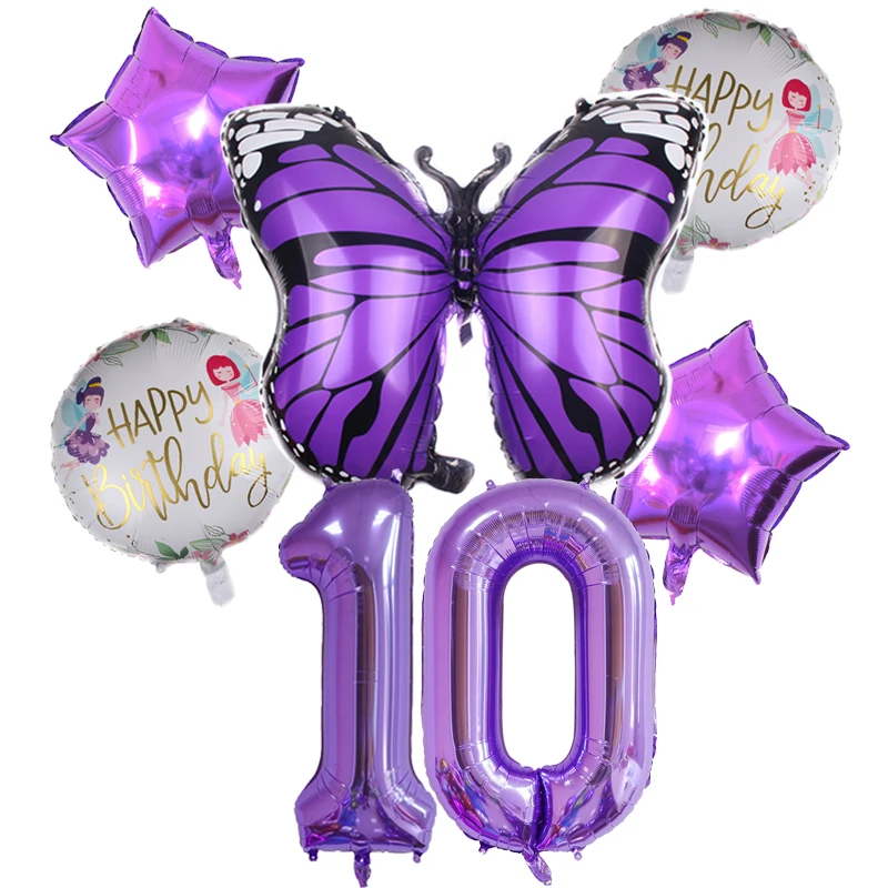 6pcs Purple Butterfly Foil Balloons Set 40inch Purple Number Helium Balloon Birthday Party Decorations Kids Baby Showers Girl