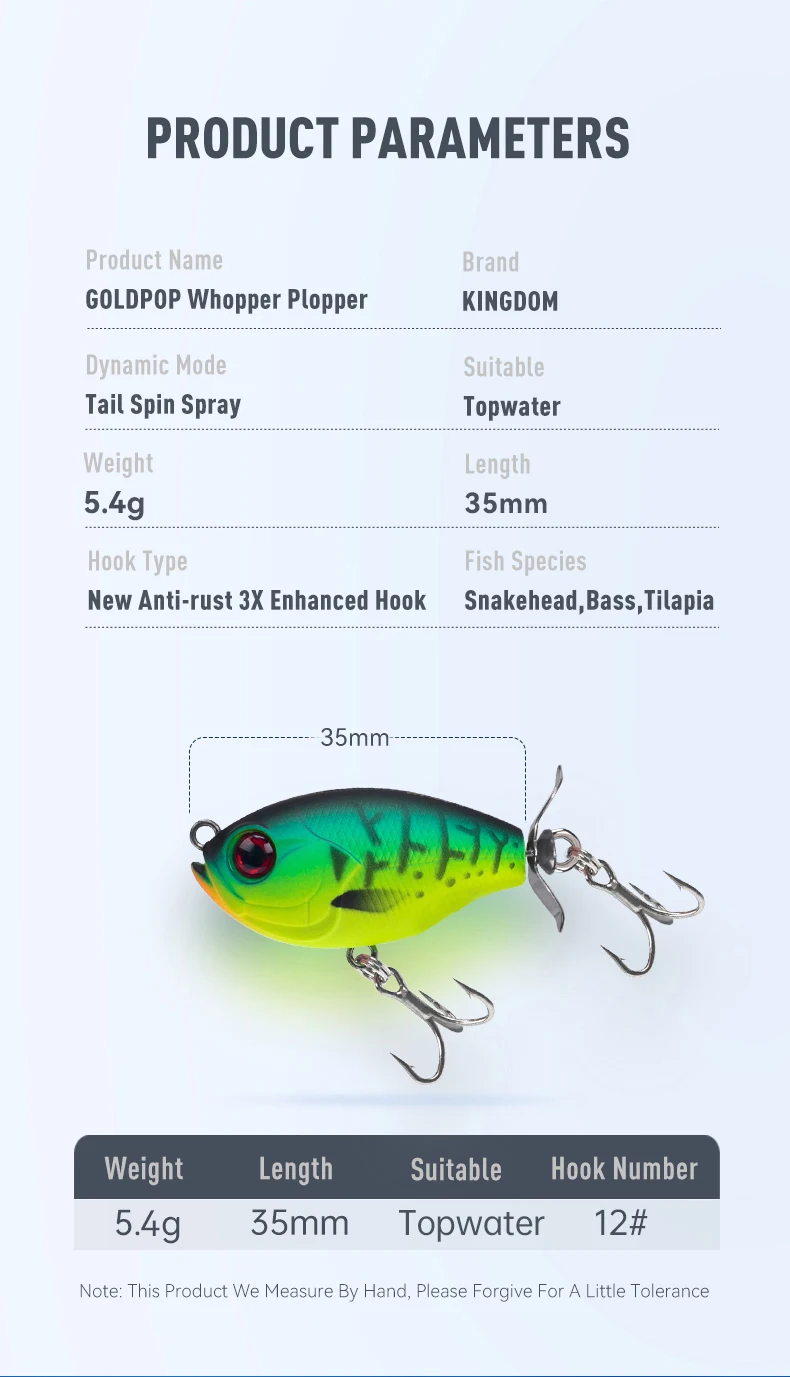 Kingdom Fishing Lure 35mm 5.4g Topwater Whopper Plopper Lure Floating Wobbler Artificial Hard Bait with Popper Pike Fishing