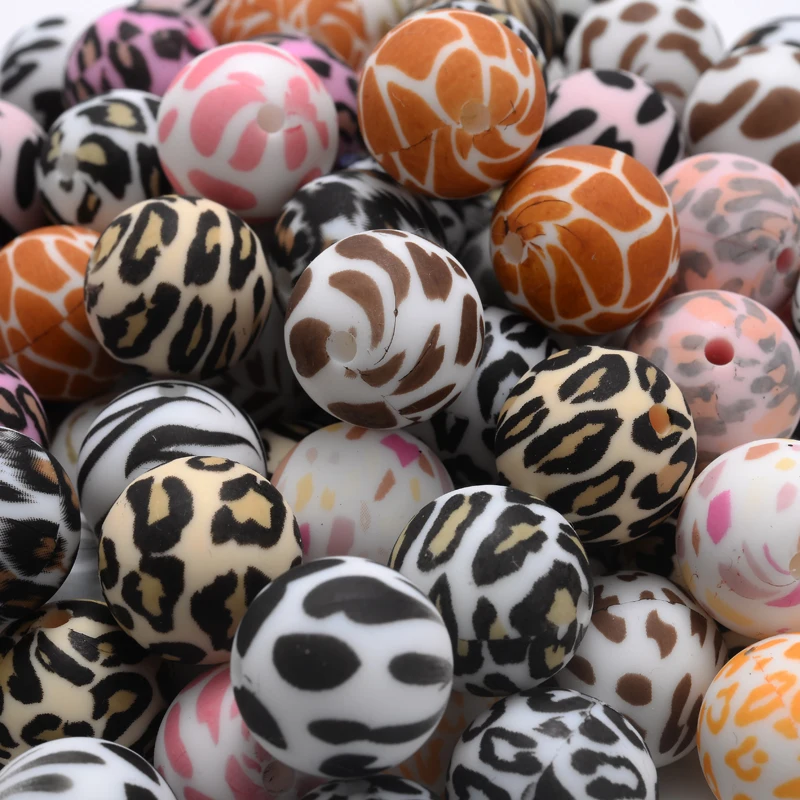 10Pcs Colorful Leopard Pattern Teether Beads 15mm BPA Free Round Silicone Loose Beads For Pacifier Chain Making DIY Bracelet