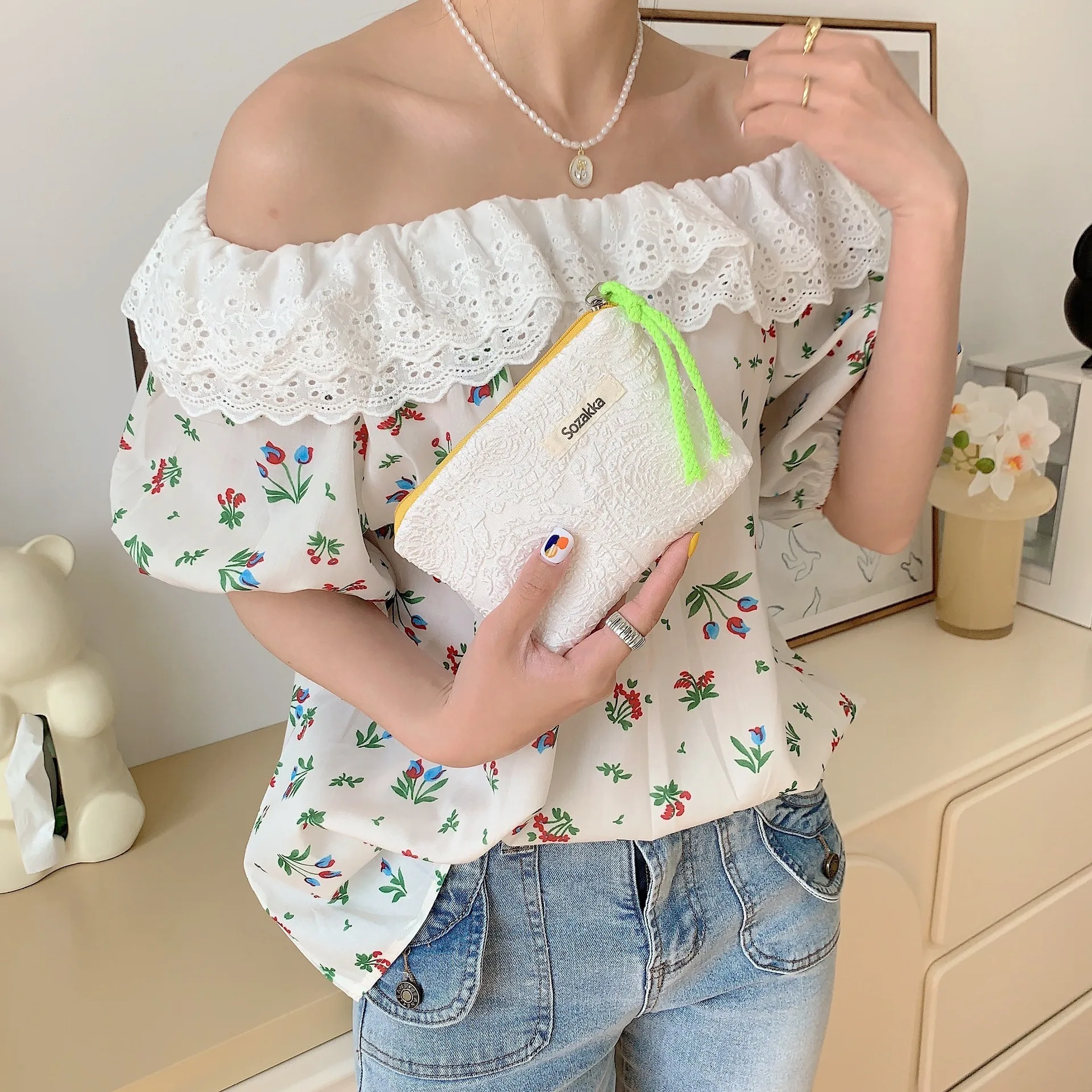 Kawaii Floral Travel Cosmetic Lipstick Coin Purse Storage Bag Women Cute Makeup Handbags Wallet Organizer Pencil Cases Pouch Bag