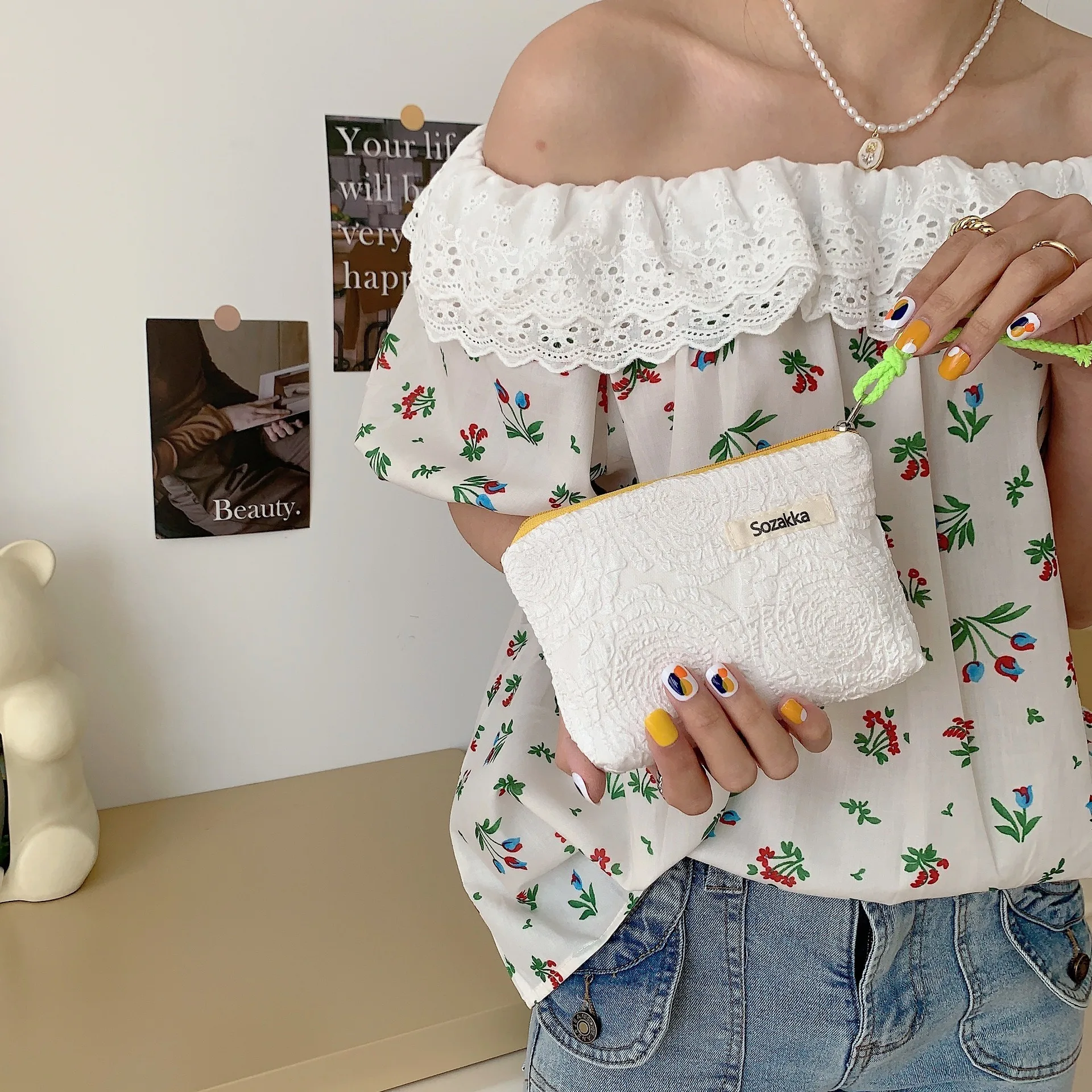 Kawaii Floral Travel Cosmetic Lipstick Coin Purse Storage Bag Women Cute Makeup Handbags Wallet Organizer Pencil Cases Pouch Bag