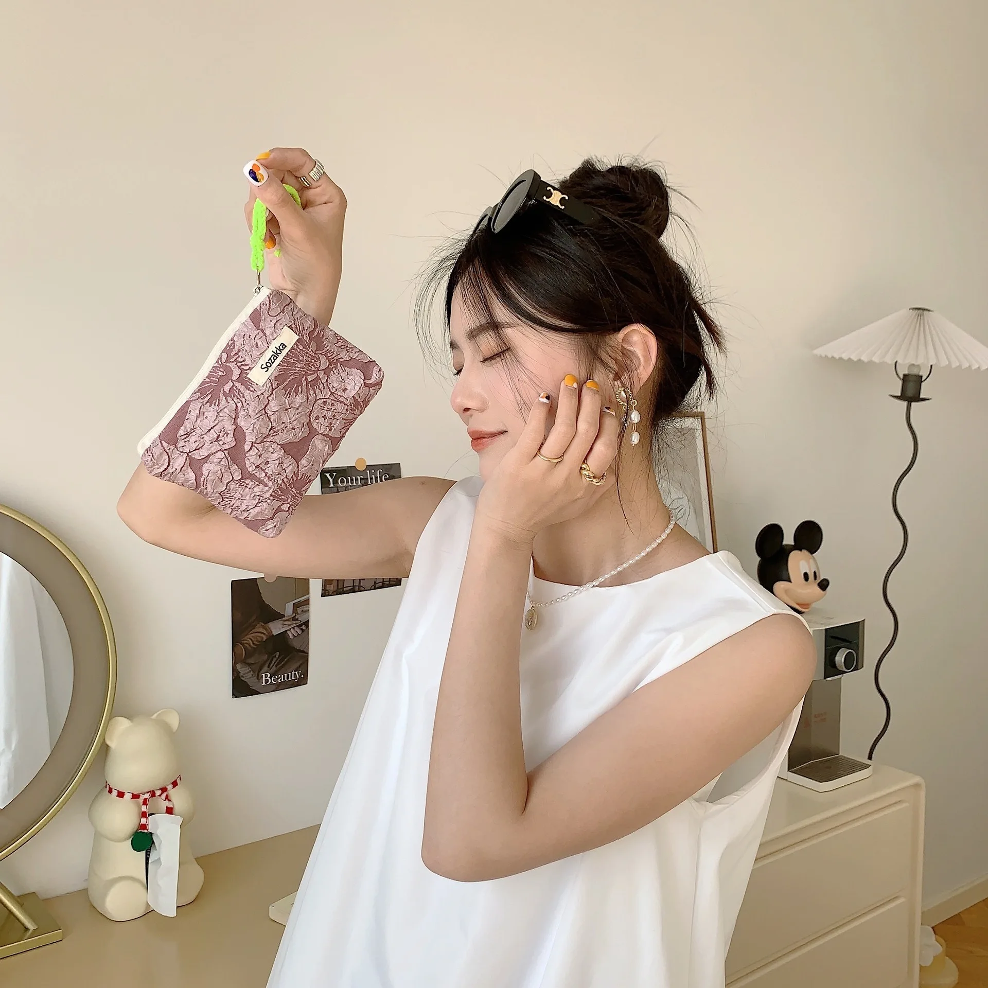 Kawaii Floral Travel Cosmetic Lipstick Coin Purse Storage Bag Women Cute Makeup Handbags Wallet Organizer Pencil Cases Pouch Bag