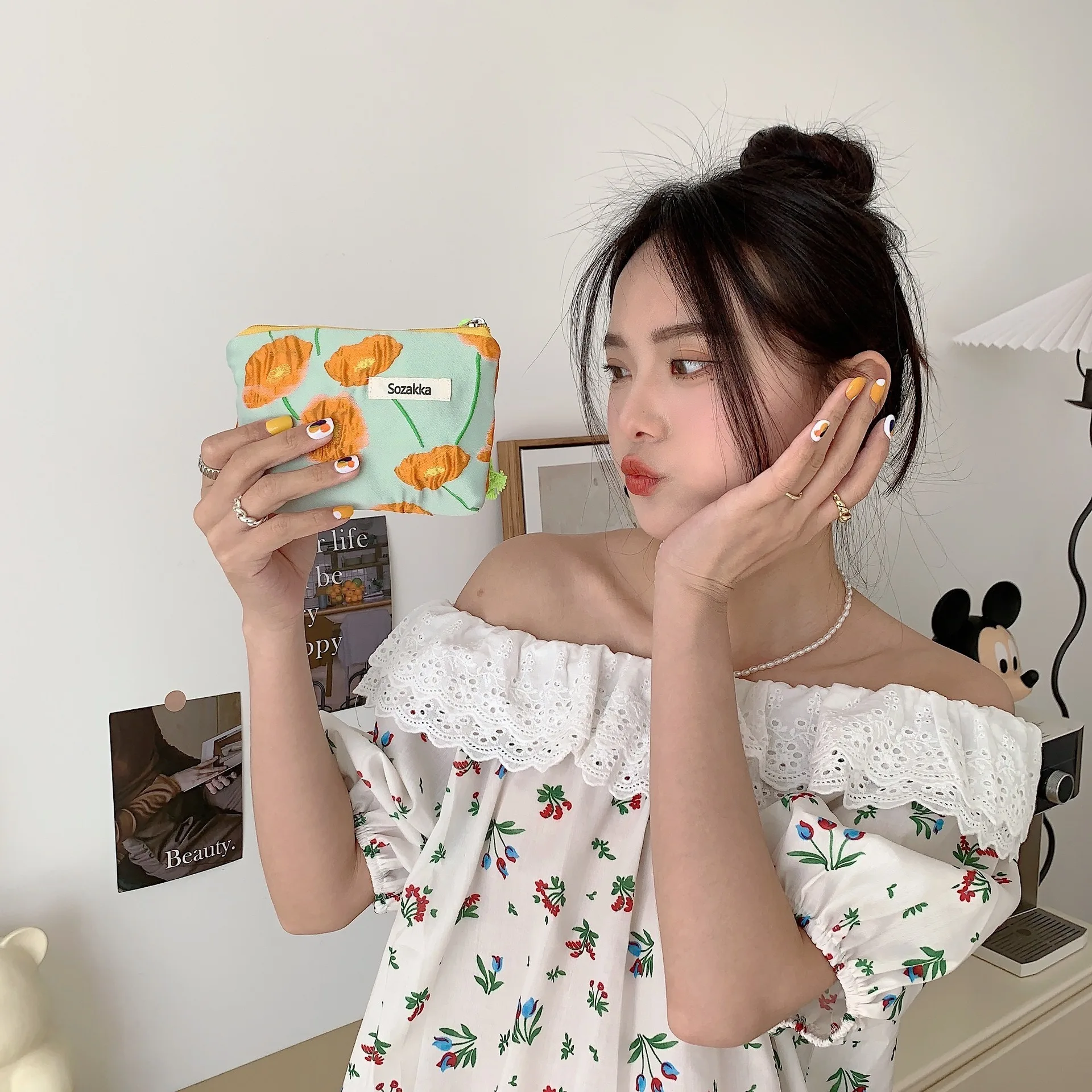 Kawaii Floral Travel Cosmetic Lipstick Coin Purse Storage Bag Women Cute Makeup Handbags Wallet Organizer Pencil Cases Pouch Bag