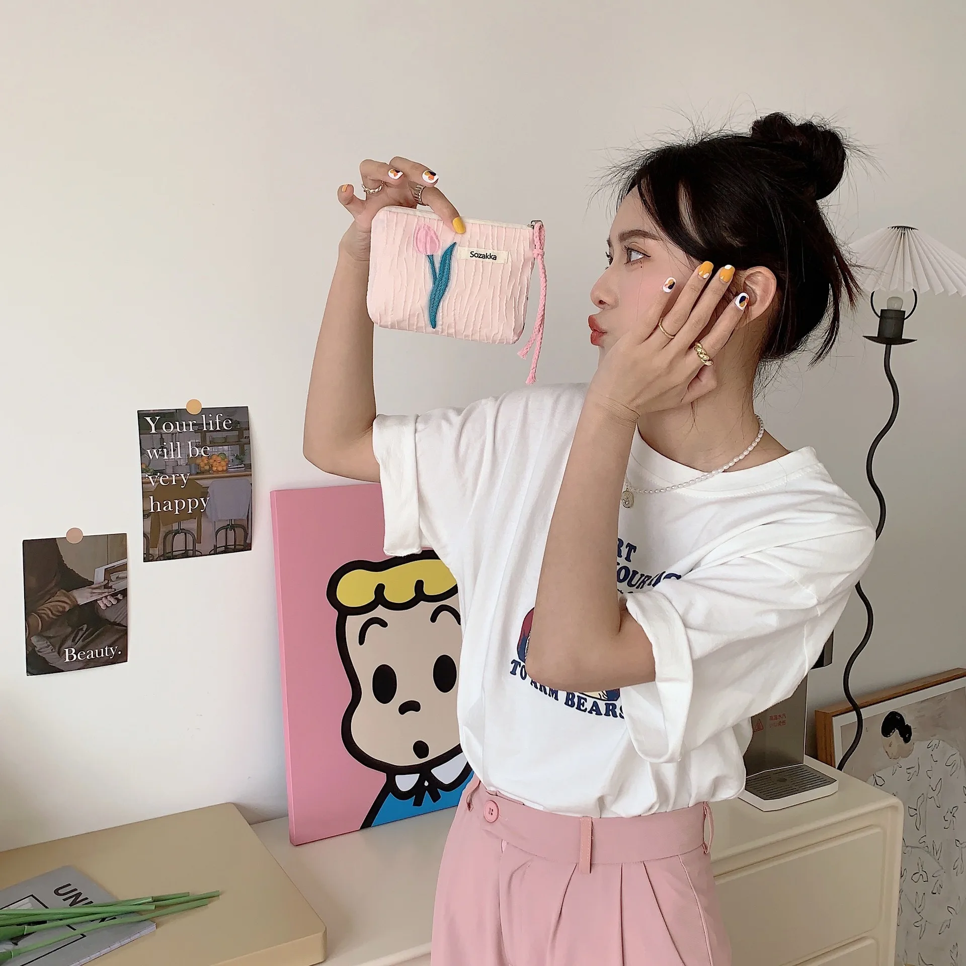 Kawaii Floral Travel Cosmetic Lipstick Coin Purse Storage Bag Women Cute Makeup Handbags Wallet Organizer Pencil Cases Pouch Bag