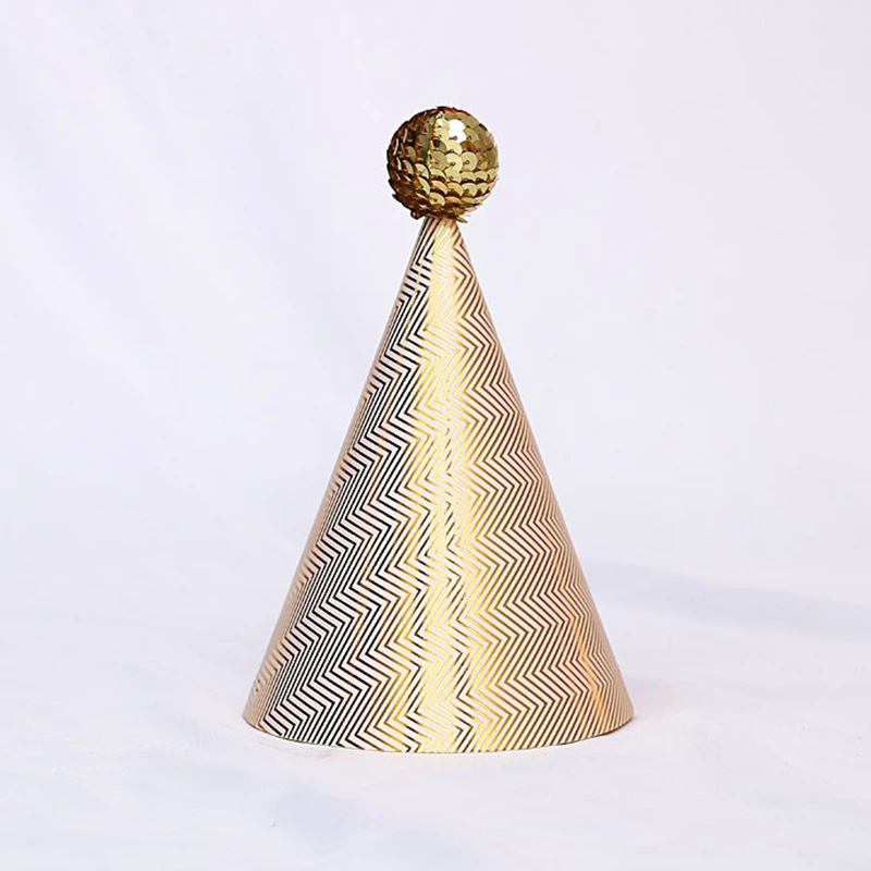 Happy Birthday Cone Hat Girls Boys Pink Black Gold Hats with Pom Poms Paper Cone Striped Dot Hat Birthday Party Decor Supplies