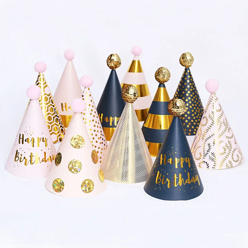 Happy Birthday Cone Hat Girls Boys Pink Black Gold Hats with Pom Poms Paper Cone Striped Dot Hat Birthday Party Decor Supplies