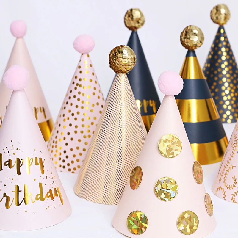 Happy Birthday Cone Hat Girls Boys Pink Black Gold Hats with Pom Poms Paper Cone Striped Dot Hat Birthday Party Decor Supplies