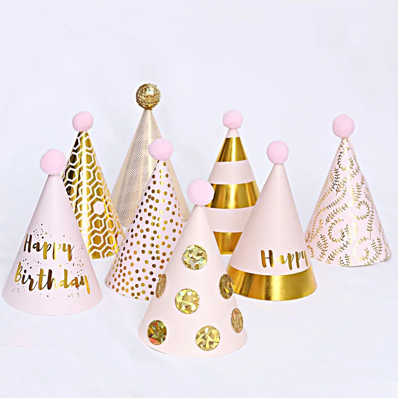 Happy Birthday Cone Hat Girls Boys Pink Black Gold Hats with Pom Poms Paper Cone Striped Dot Hat Birthday Party Decor Supplies