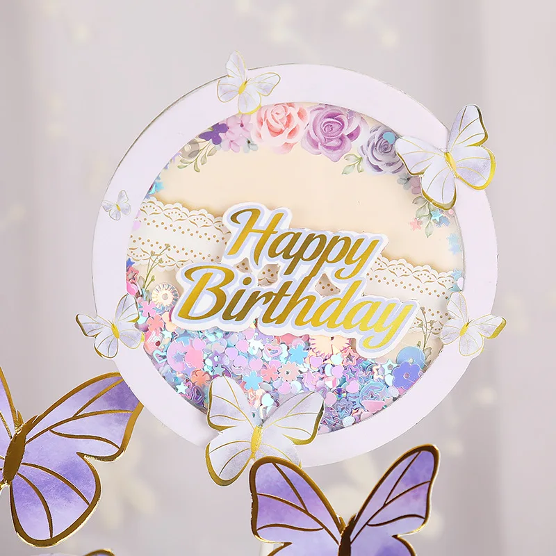 1 Set Girl's Back Butterfly Happy Birthday Cake Toppers Pink DIY Wedding Party Cake Topper Dessert Decoration Baby Shower Gift