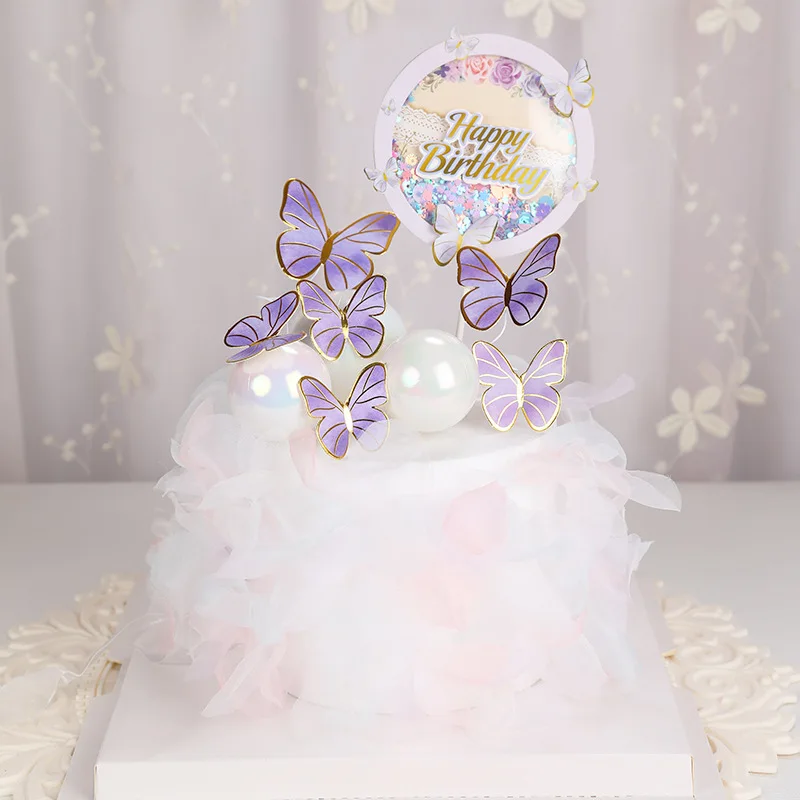 1 Set Girl's Back Butterfly Happy Birthday Cake Toppers Pink DIY Wedding Party Cake Topper Dessert Decoration Baby Shower Gift