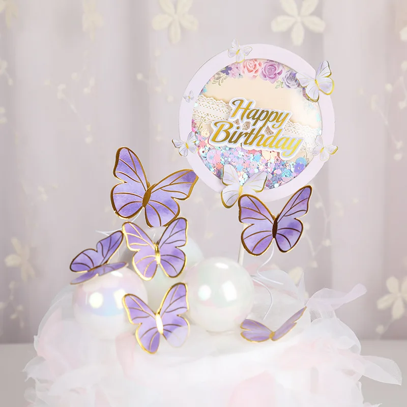 1 Set Girl's Back Butterfly Happy Birthday Cake Toppers Pink DIY Wedding Party Cake Topper Dessert Decoration Baby Shower Gift
