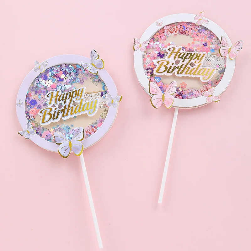 1 Set Girl's Back Butterfly Happy Birthday Cake Toppers Pink DIY Wedding Party Cake Topper Dessert Decoration Baby Shower Gift