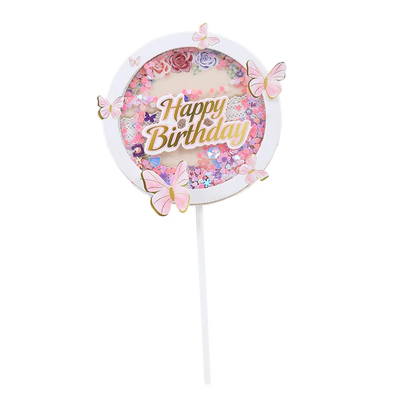 1 Set Girl's Back Butterfly Happy Birthday Cake Toppers Pink DIY Wedding Party Cake Topper Dessert Decoration Baby Shower Gift