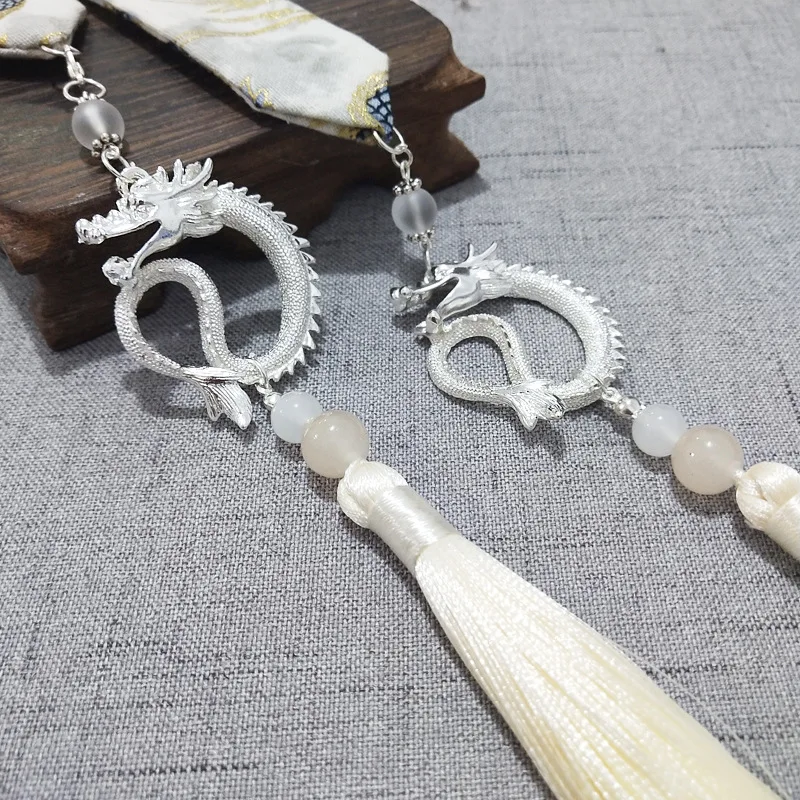 Chinese Style Dragon Pendant Tassel Headwear Antique Hanfu Headband for Women Men Satin Long Ribbon Embroidery Hair Bands