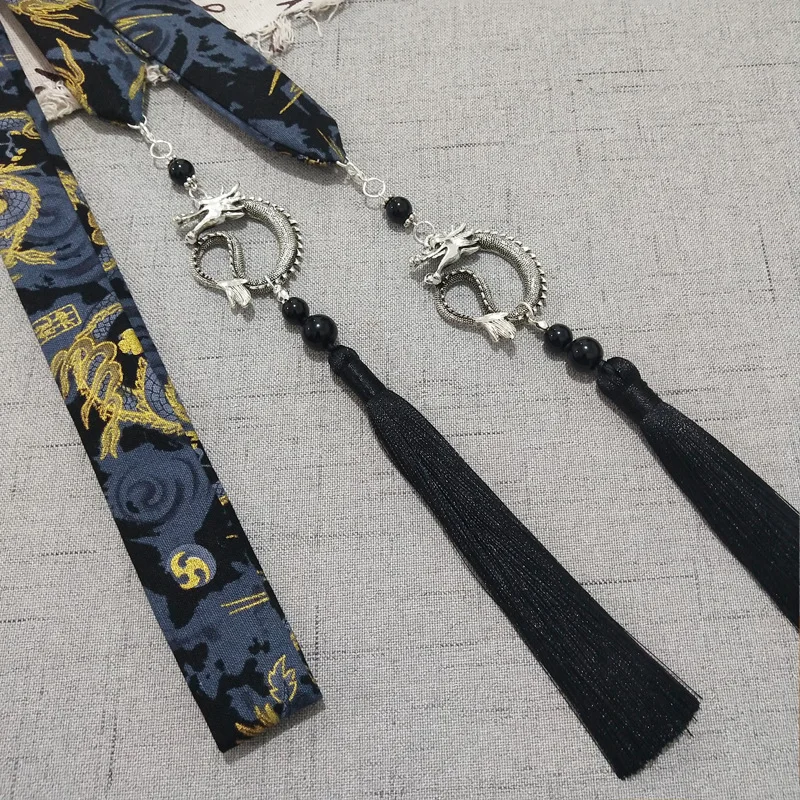Chinese Style Dragon Pendant Tassel Headwear Antique Hanfu Headband for Women Men Satin Long Ribbon Embroidery Hair Bands