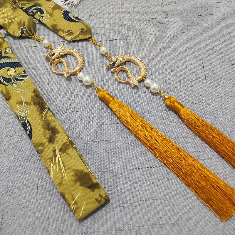Chinese Style Dragon Pendant Tassel Headwear Antique Hanfu Headband for Women Men Satin Long Ribbon Embroidery Hair Bands