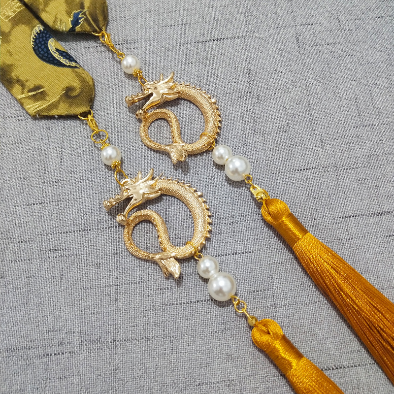 Chinese Style Dragon Pendant Tassel Headwear Antique Hanfu Headband for Women Men Satin Long Ribbon Embroidery Hair Bands