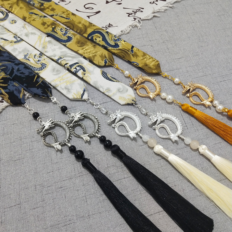 Chinese Style Dragon Pendant Tassel Headwear Antique Hanfu Headband for Women Men Satin Long Ribbon Embroidery Hair Bands