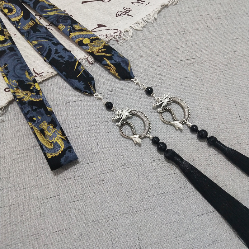 Chinese Style Dragon Pendant Tassel Headwear Antique Hanfu Headband for Women Men Satin Long Ribbon Embroidery Hair Bands