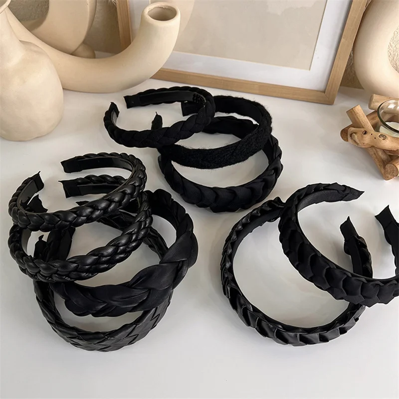 Winter Solid Velvet Bezel Women Girl Broadside Hair Bands  Pearl Cross Headband Hair Hoop Fashion Black Leather Braided Hairband