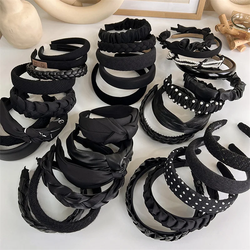 Winter Solid Velvet Bezel Women Girl Broadside Hair Bands  Pearl Cross Headband Hair Hoop Fashion Black Leather Braided Hairband
