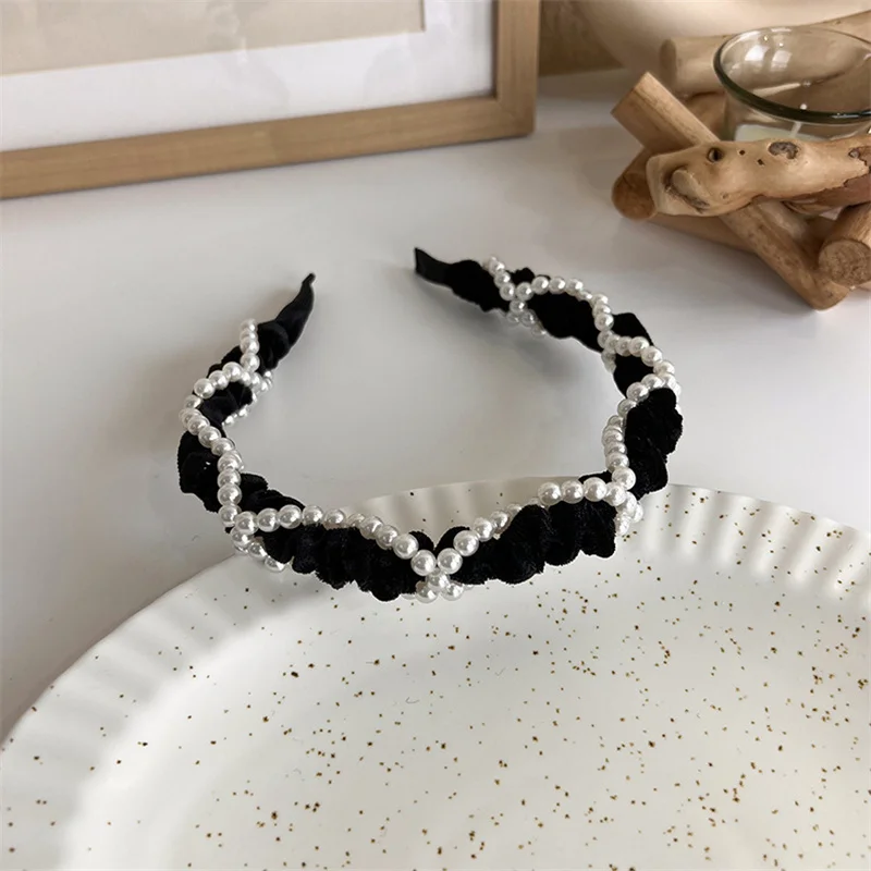 Winter Solid Velvet Bezel Women Girl Broadside Hair Bands  Pearl Cross Headband Hair Hoop Fashion Black Leather Braided Hairband