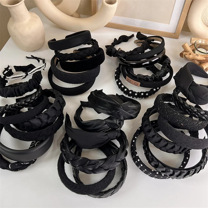 Winter Solid Velvet Bezel Women Girl Broadside Hair Bands  Pearl Cross Headband Hair Hoop Fashion Black Leather Braided Hairband