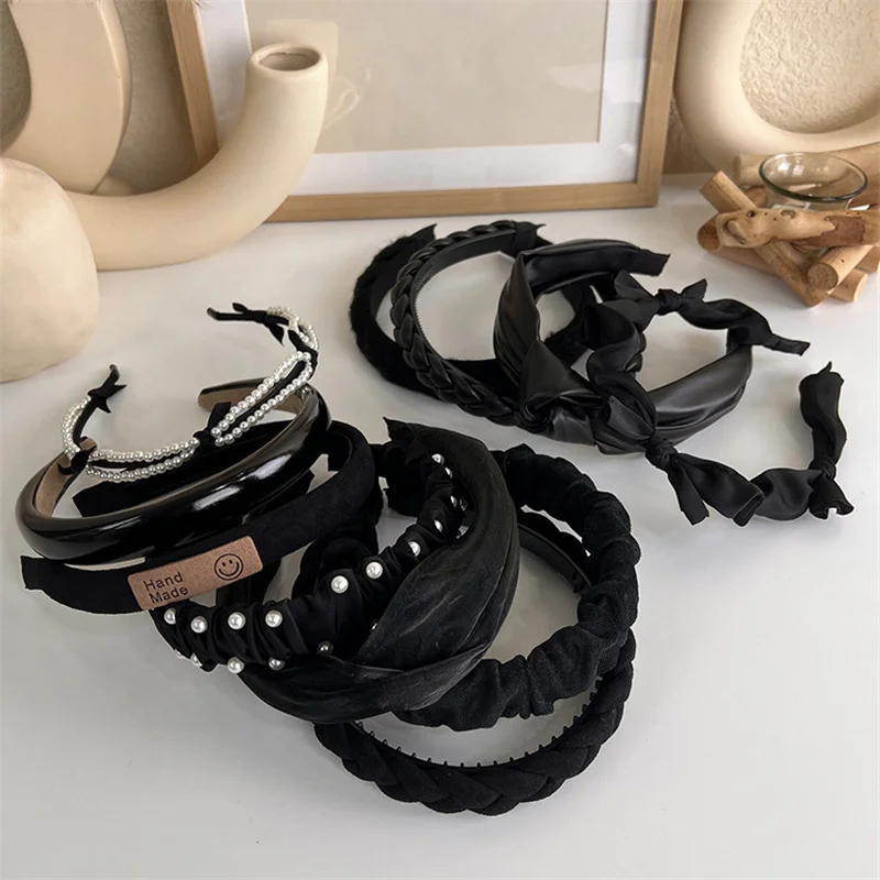 Winter Solid Velvet Bezel Women Girl Broadside Hair Bands  Pearl Cross Headband Hair Hoop Fashion Black Leather Braided Hairband