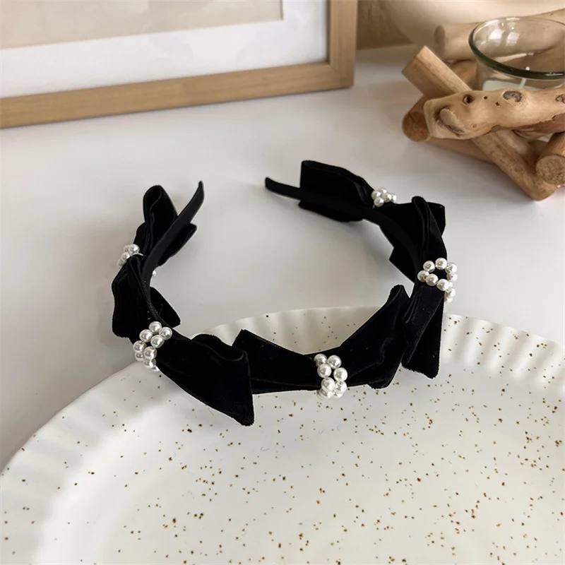 Winter Solid Velvet Bezel Women Girl Broadside Hair Bands  Pearl Cross Headband Hair Hoop Fashion Black Leather Braided Hairband