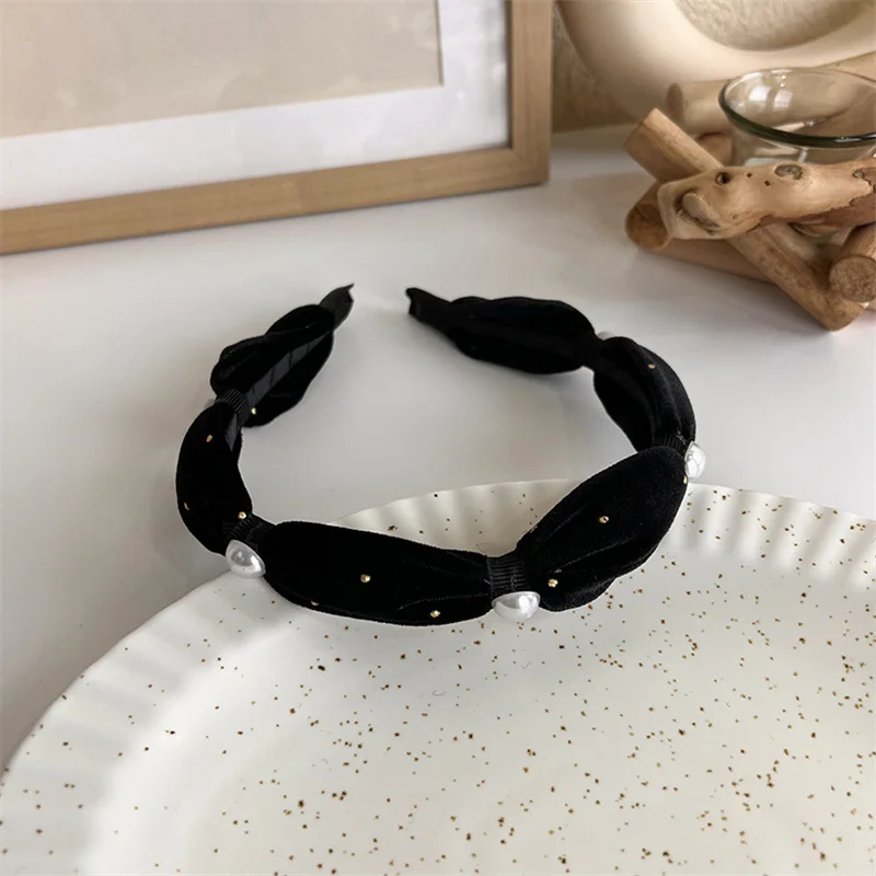 Winter Solid Velvet Bezel Women Girl Broadside Hair Bands  Pearl Cross Headband Hair Hoop Fashion Black Leather Braided Hairband