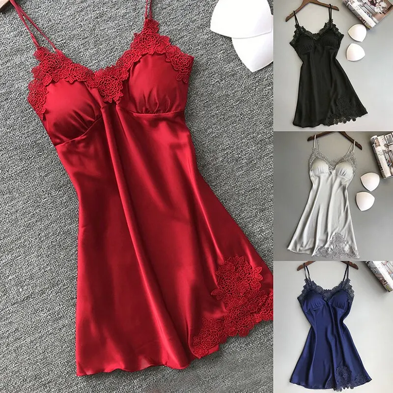 Ladies Sexy Silk Satin Night Dress Sleeveless Nighties V-neck Nightgown Nightdress Lace Sleepwear Nightwear for Women Sleep Tops