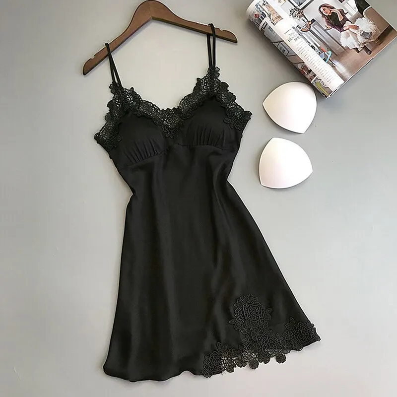 Ladies Sexy Silk Satin Night Dress Sleeveless Nighties V-neck Nightgown Nightdress Lace Sleepwear Nightwear for Women Sleep Tops