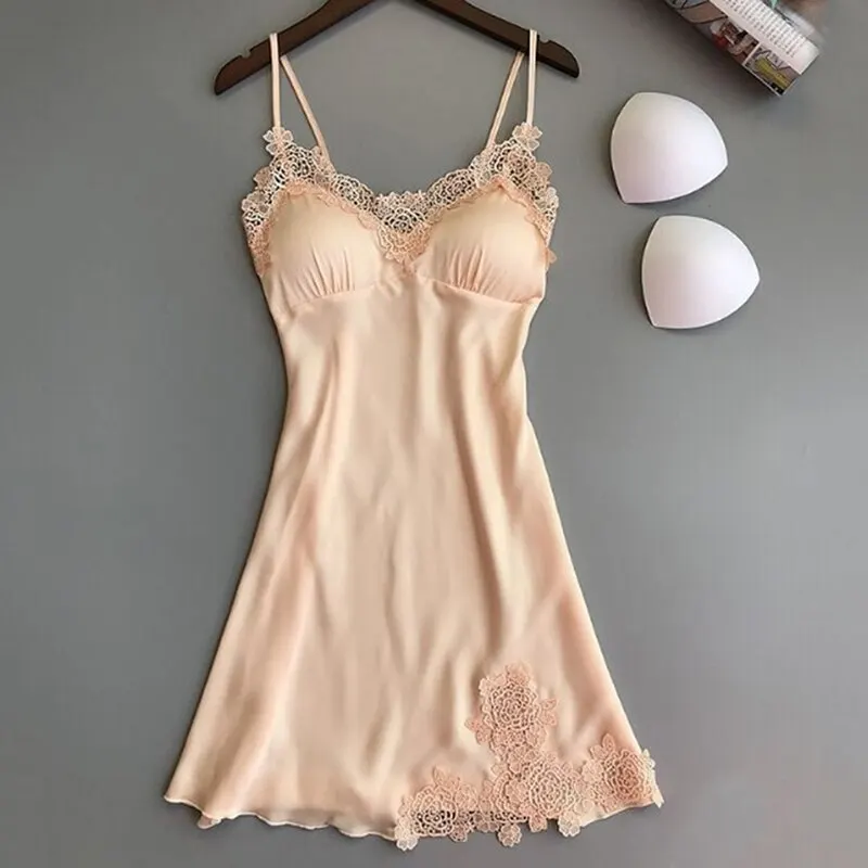 Ladies Sexy Silk Satin Night Dress Sleeveless Nighties V-neck Nightgown Nightdress Lace Sleepwear Nightwear for Women Sleep Tops