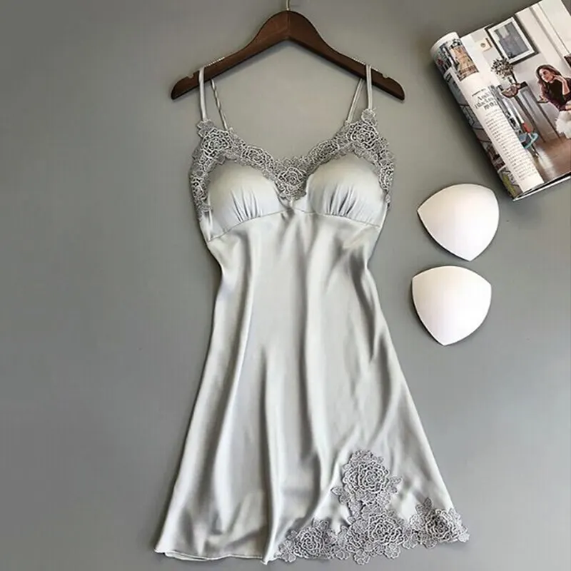 Ladies Sexy Silk Satin Night Dress Sleeveless Nighties V-neck Nightgown Nightdress Lace Sleepwear Nightwear for Women Sleep Tops