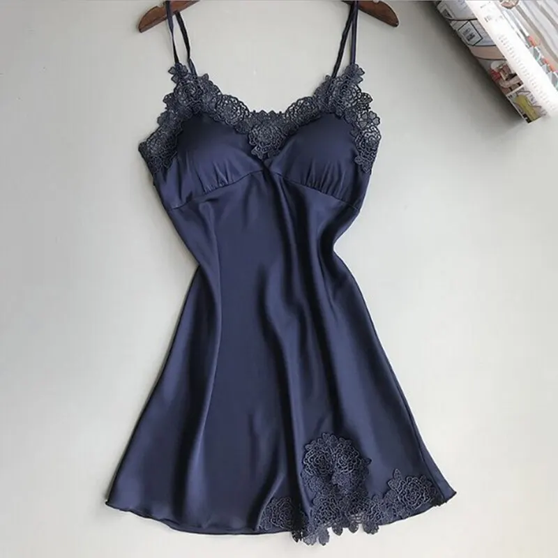 Ladies Sexy Silk Satin Night Dress Sleeveless Nighties V-neck Nightgown Nightdress Lace Sleepwear Nightwear for Women Sleep Tops
