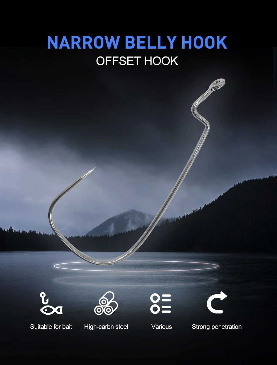 ESFISHING Narrow Belly Offset Hook Carbon Steel Fishing Hooks Crank Worm Hook Barbed for Soft Fishing Lure