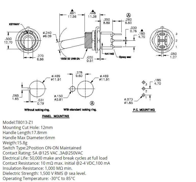 1pc SH T8013-Z1 12mm ON-OFF-ON SPDT DPDT 3/6Pin 2/3Position Maintained Toggle Switch Large Long Handle 3A 250VAC/5A 125VAC